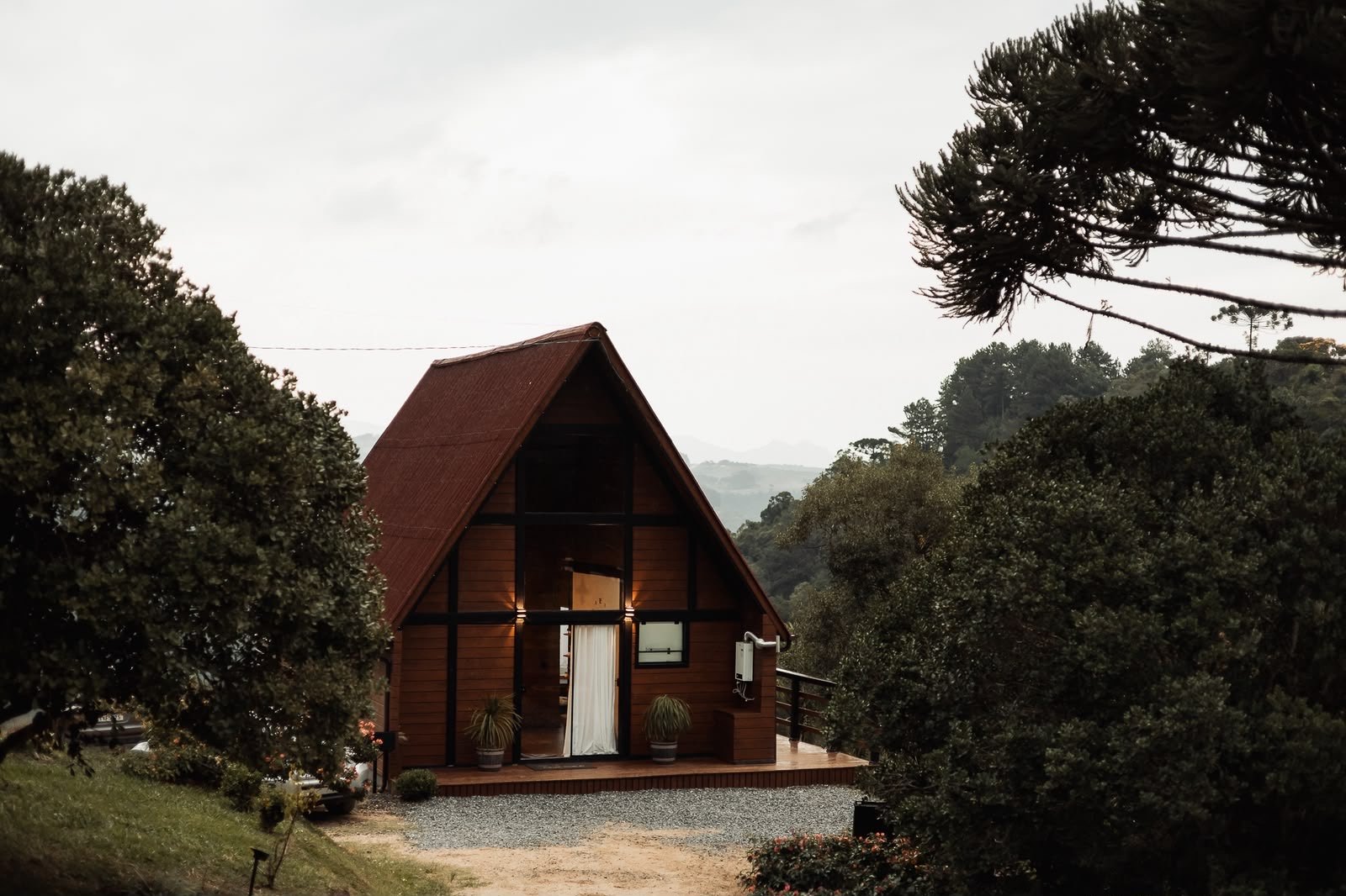 Cabana de madeira entre araucárias